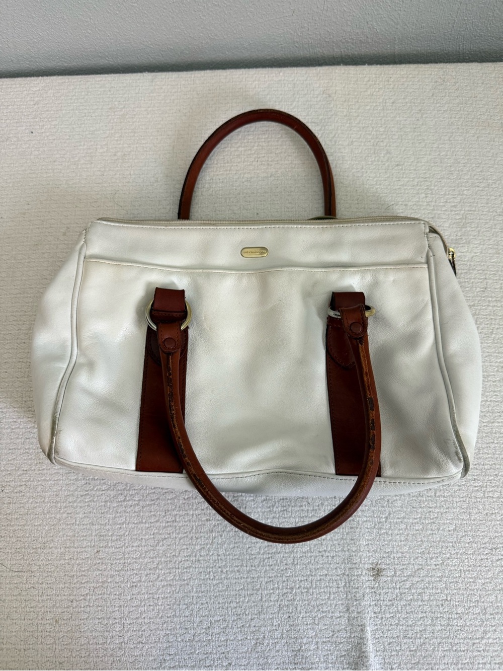 Liz Claiborne White Satchel with Brown Leather Handles